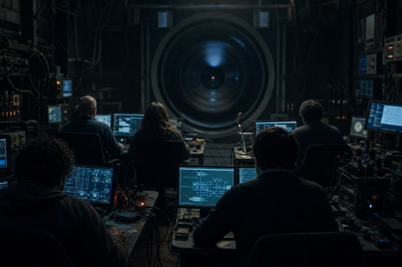 A lone figure at a terminal beneath a vast, unblinking eye of light.