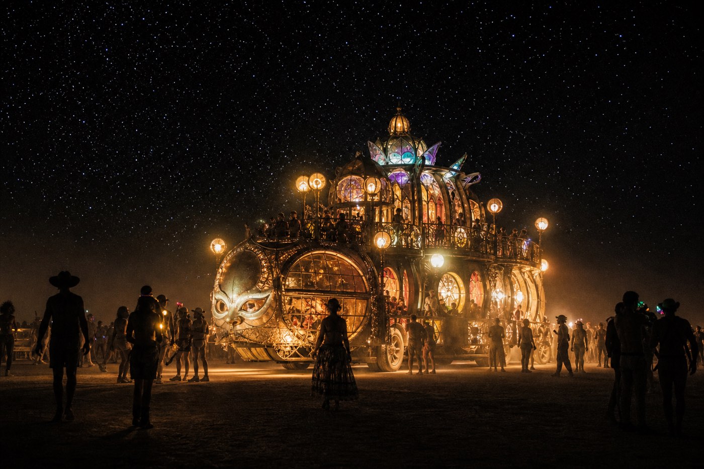 An enormous illuminated art car glowing against the black of the desert at night.