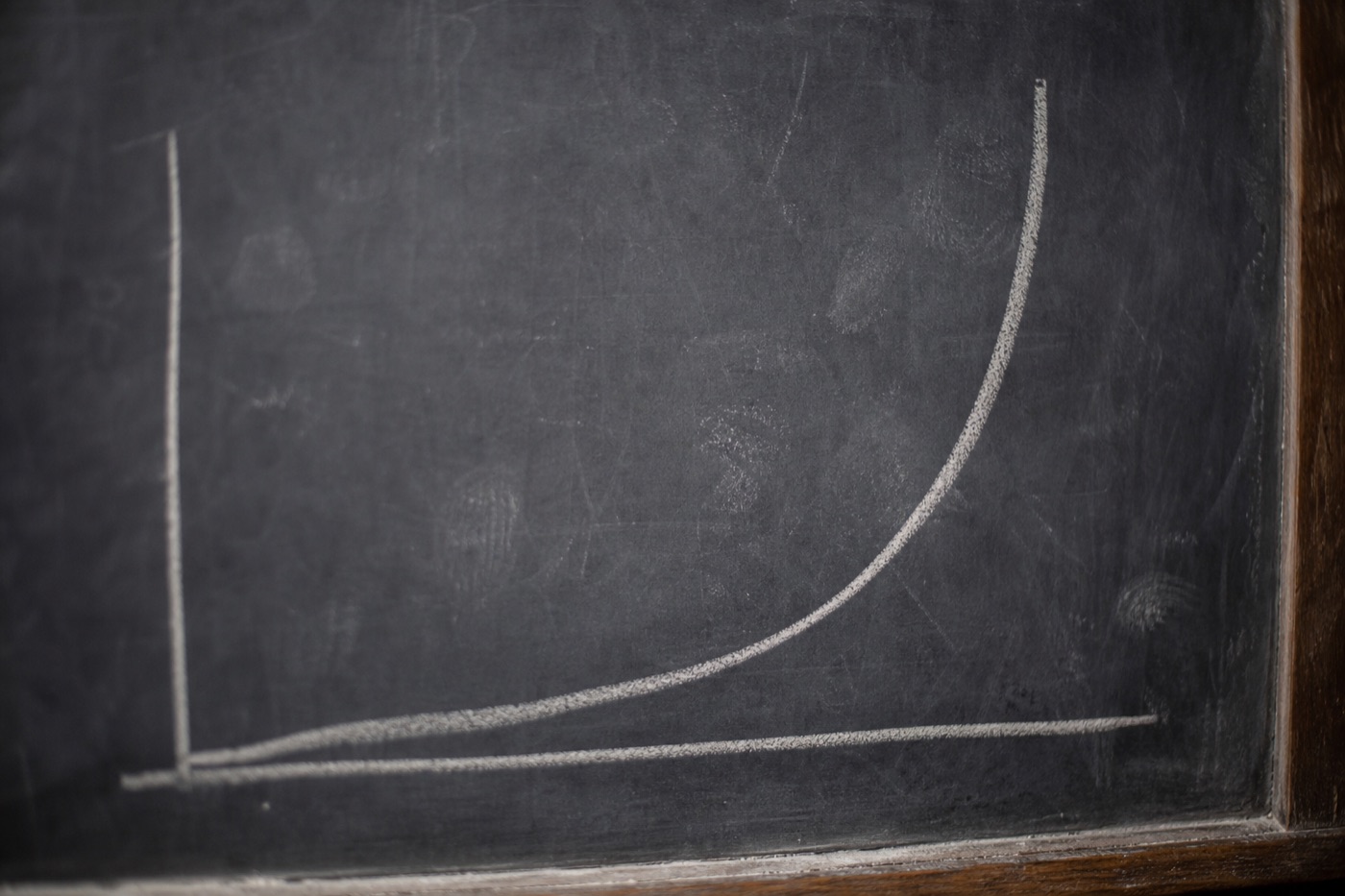 A hand-drawn exponential curve on a chalkboard — flat for decades, then near-vertical.