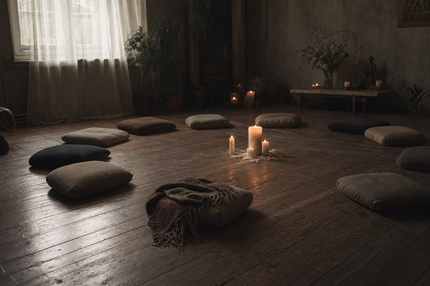 A circle of women seated on the floor of a warm, low-lit room, turned inward toward one another.