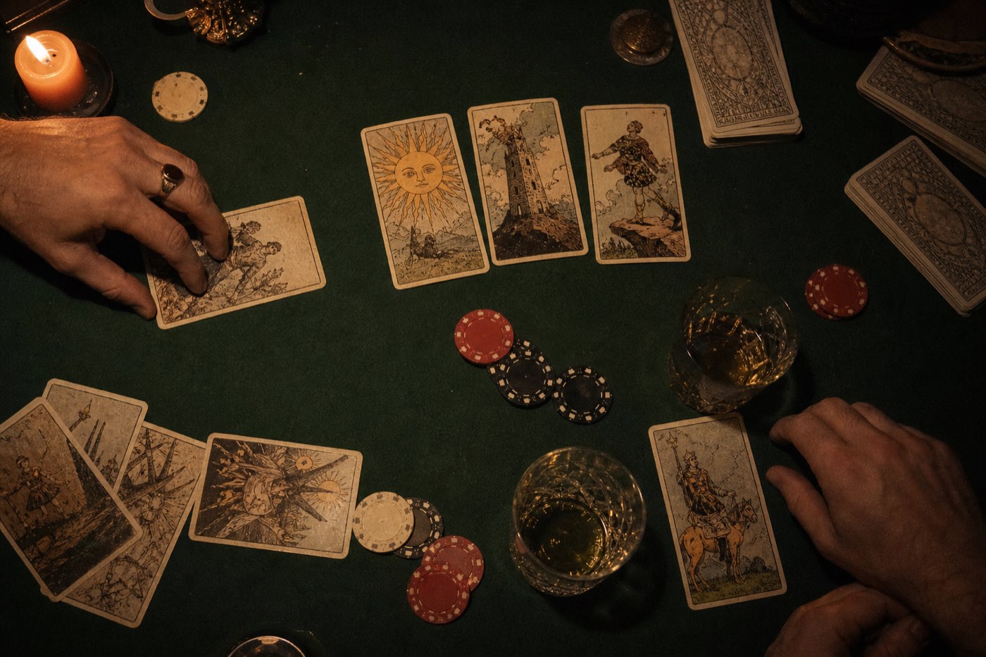 Tarot cards dealt across a green baize table like a blackjack hand, a chip resting on the Wheel of Fortune.