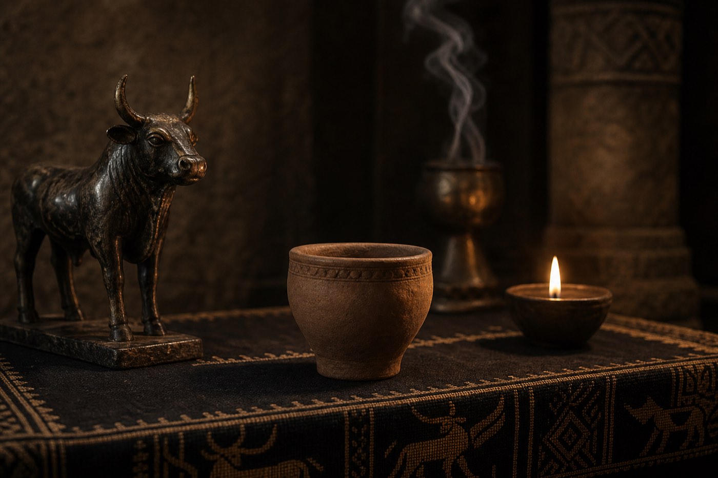 A clay vessel set on an altar beneath the carved horns of an ancient bull-god.