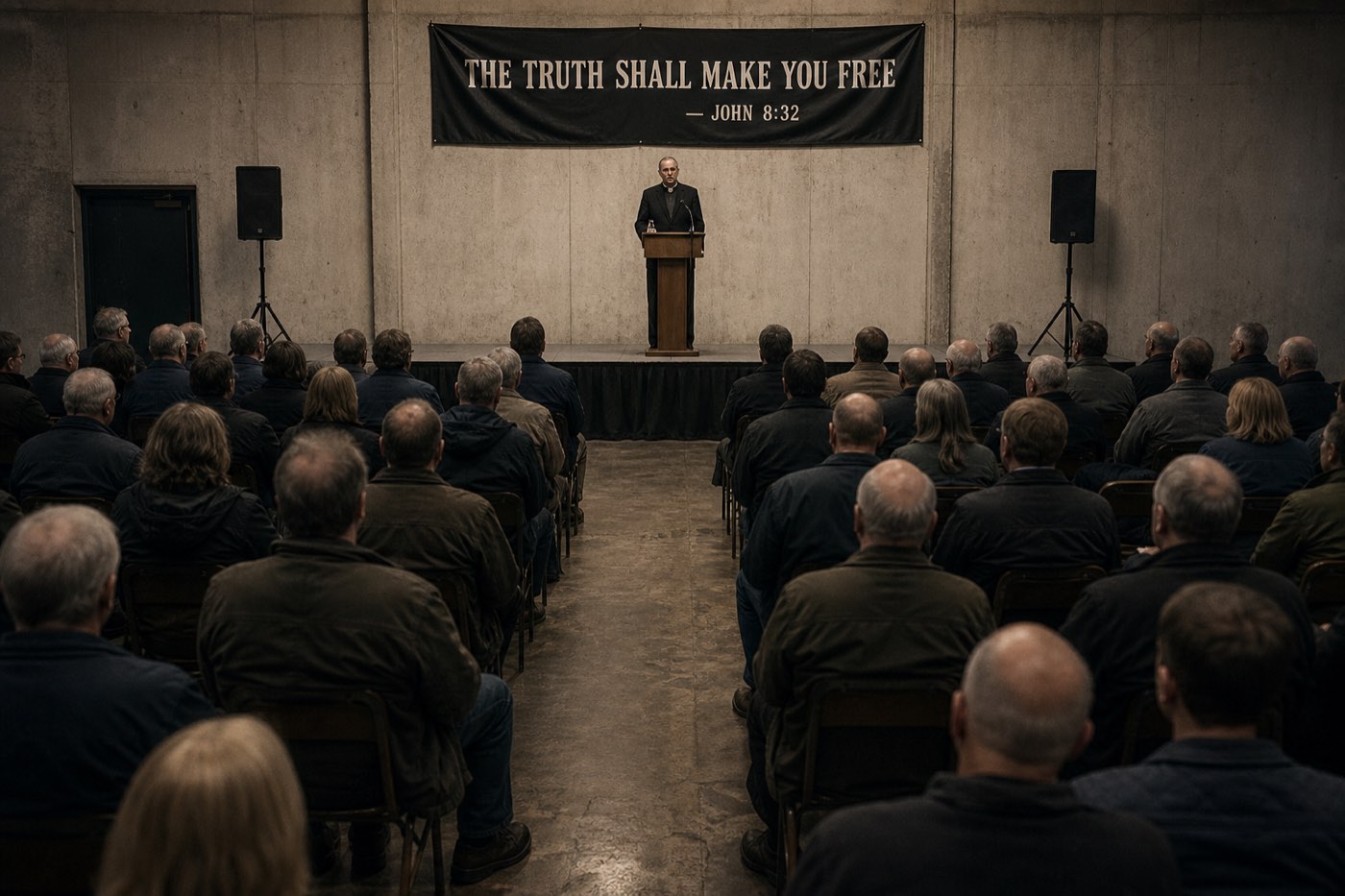 A stark banner declaring war on death hangs over an otherwise empty meeting hall.