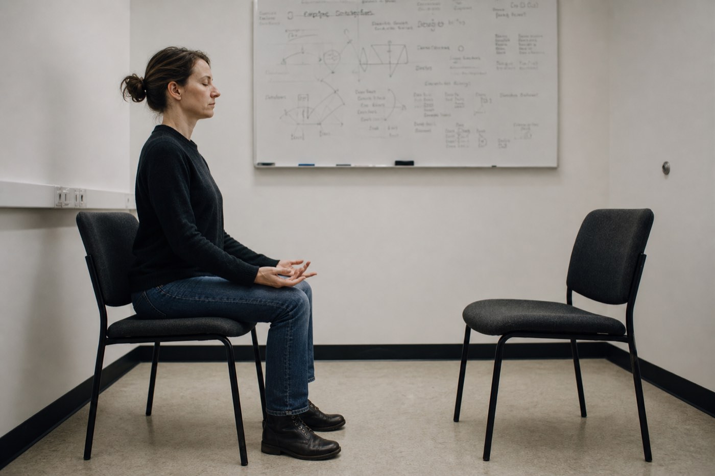 A meditator sits before a diagram of nested figures, one drawn as if stepping out of the others.