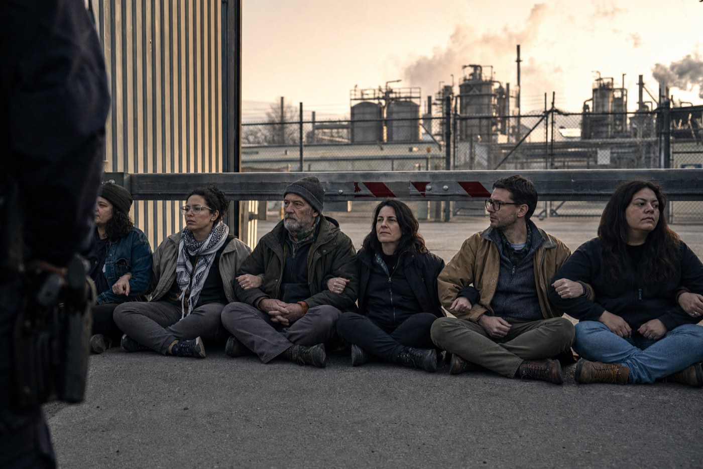 Protesters seated in a blockade, still and composed as they wait to be arrested.
