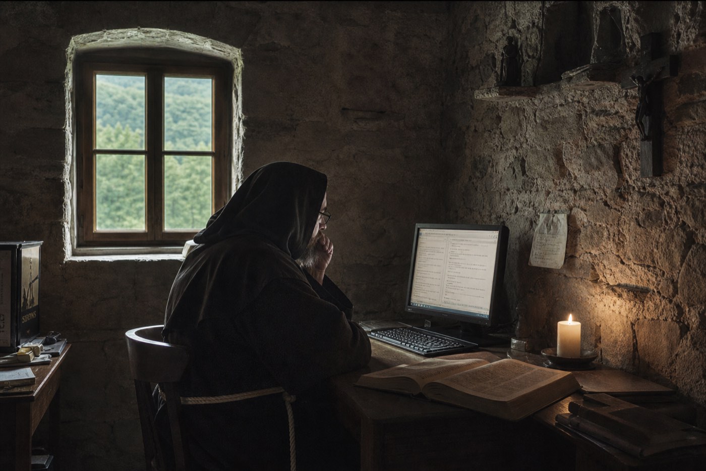 A monastery window in the Green Mountains, a single lamp burning against the dark trees.
