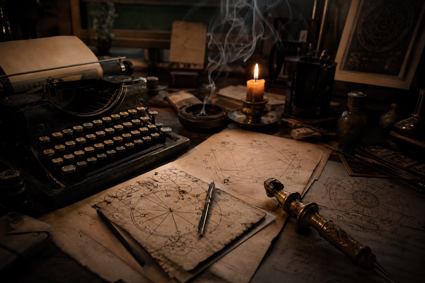 A mid-century desk strewn with rocket schematics, ceremonial diagrams, and pulp magazines.