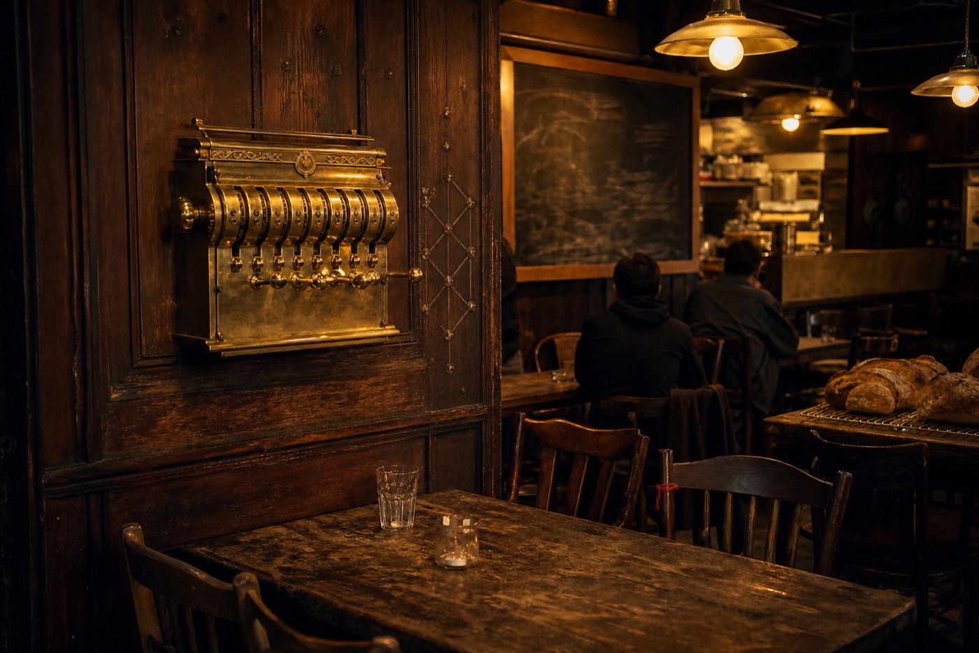 A polished brass counter mounted on the dark wood panelling of a dim deli, with patrons seated at a communal table and loaves of bread cooling under warm pendant light.