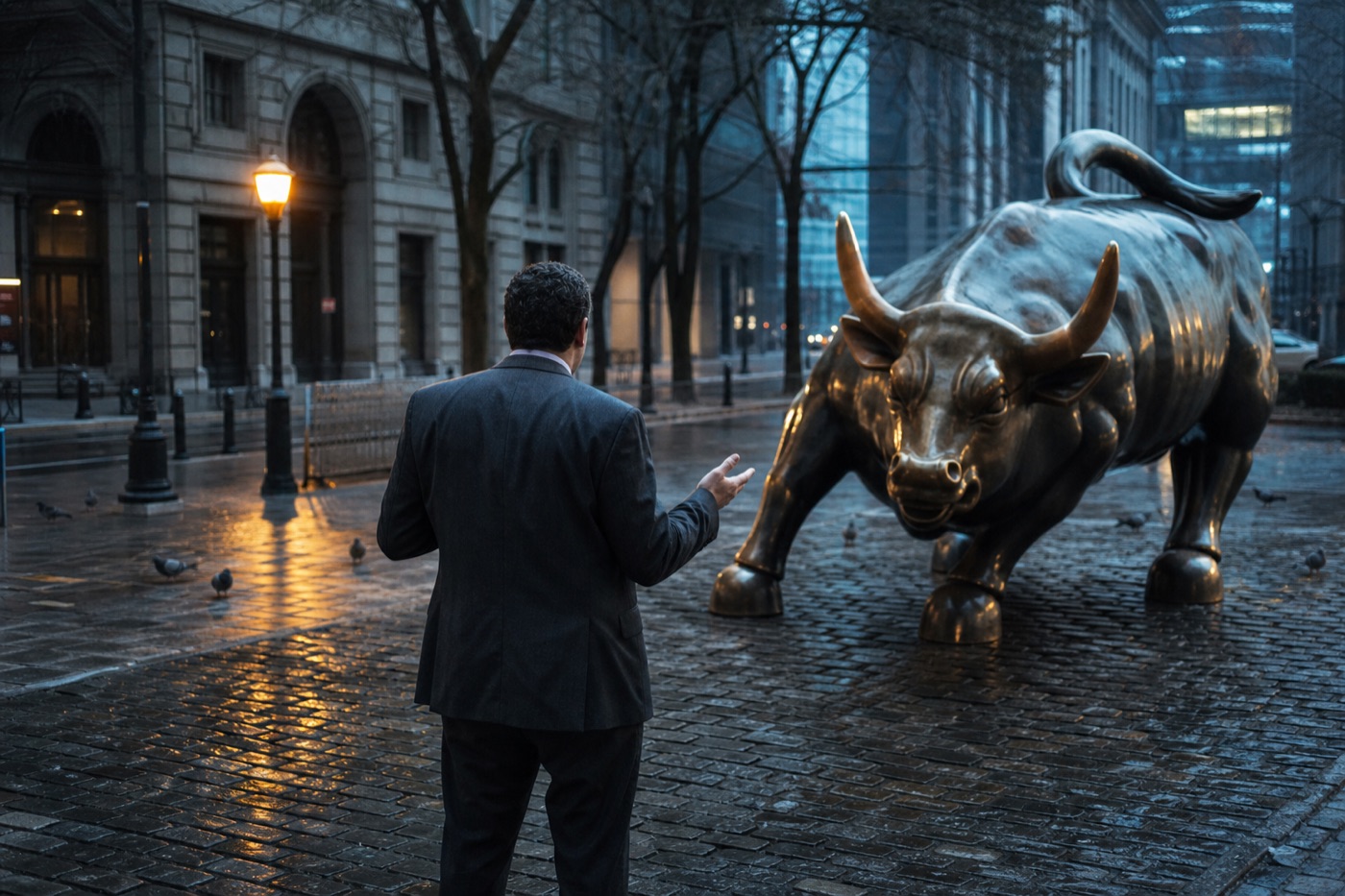 Duncan Horst, in a suit, facing the financial district's bronze bull at dusk.