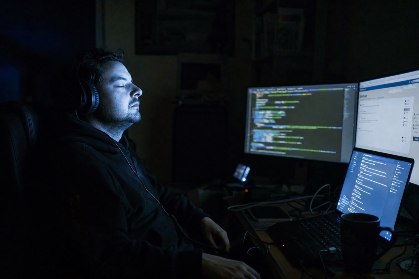 A dim room lit only by a screen, a figure leaning close enough to the glow to lose the edge of themselves.