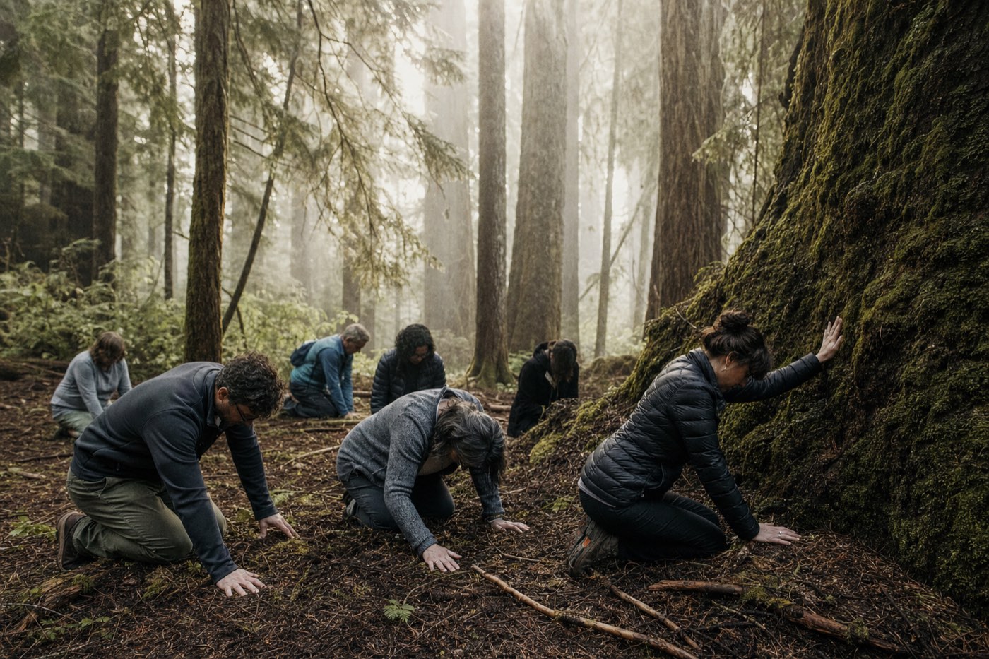 A gathering kneeling in a green clearing, hands pressed flat to the soil.